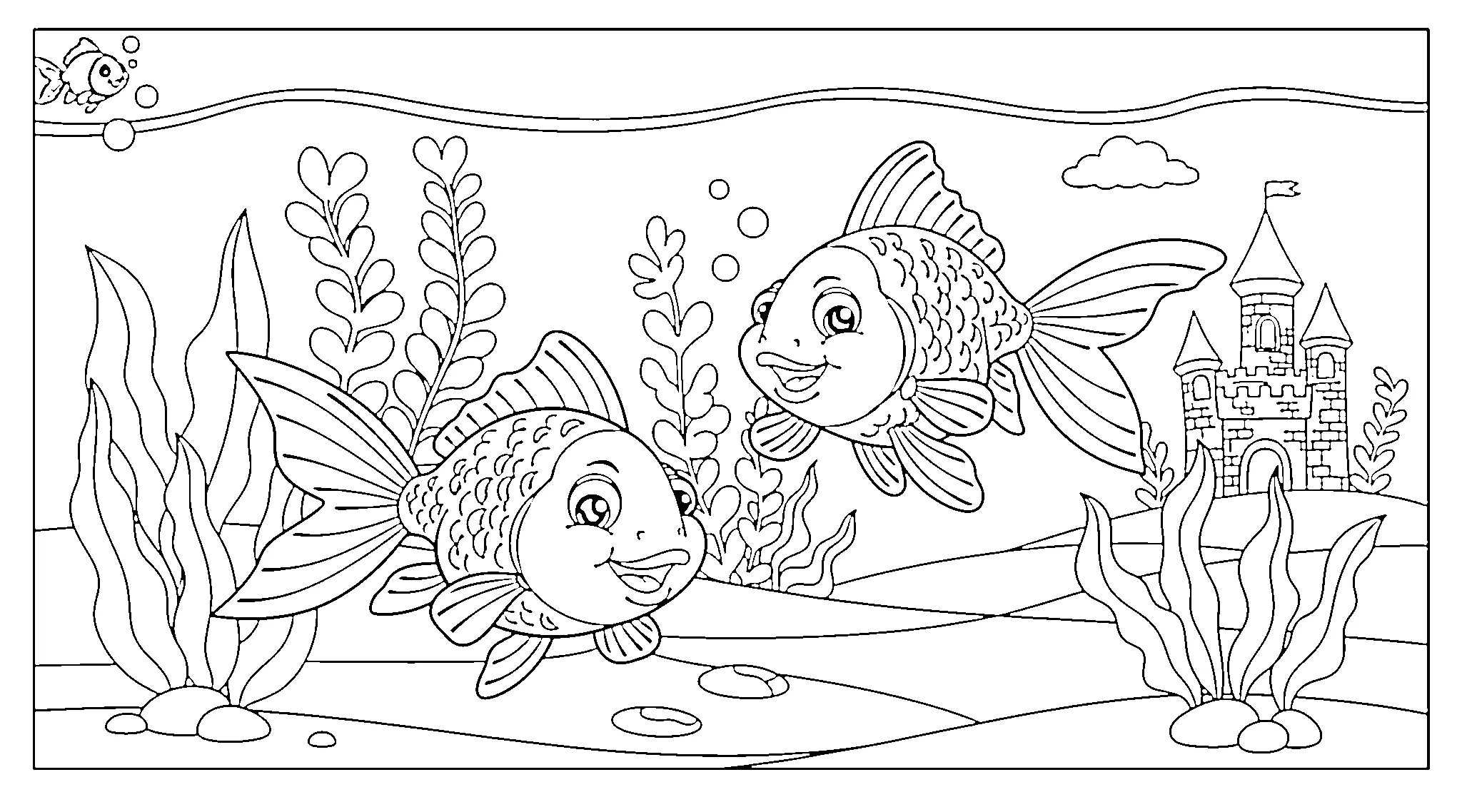Gambar Gambar Mewarnai Ikan Mas Koki Akuarium siap untuk diwarnai
